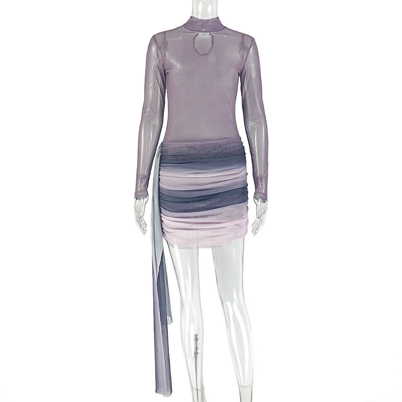 Ombre Sheer Mesh Mock Neck Long Sleeve Ruched Mini Dress with Drape Tie 2