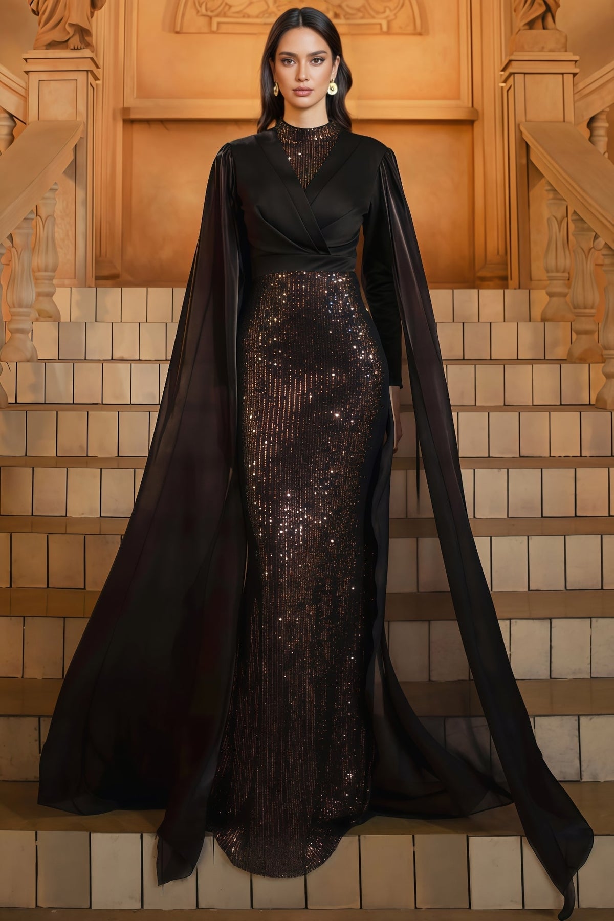 Sequin Mock Neck Wrap Bodice Sheer Cape Sleeve Maxi Gown