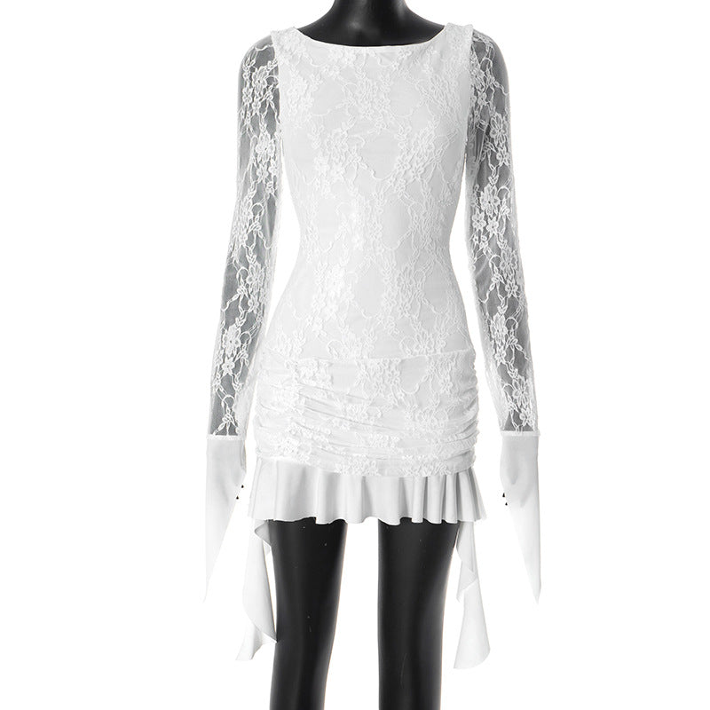 Lace Boat Neck Long Sleeve Ruched Asymmetric Ruffle Mini Dress