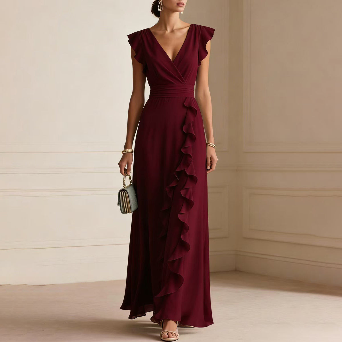 Chiffon Wrap V-Neck Flutter Sleeve Cascading Ruffle Maxi Dress 8