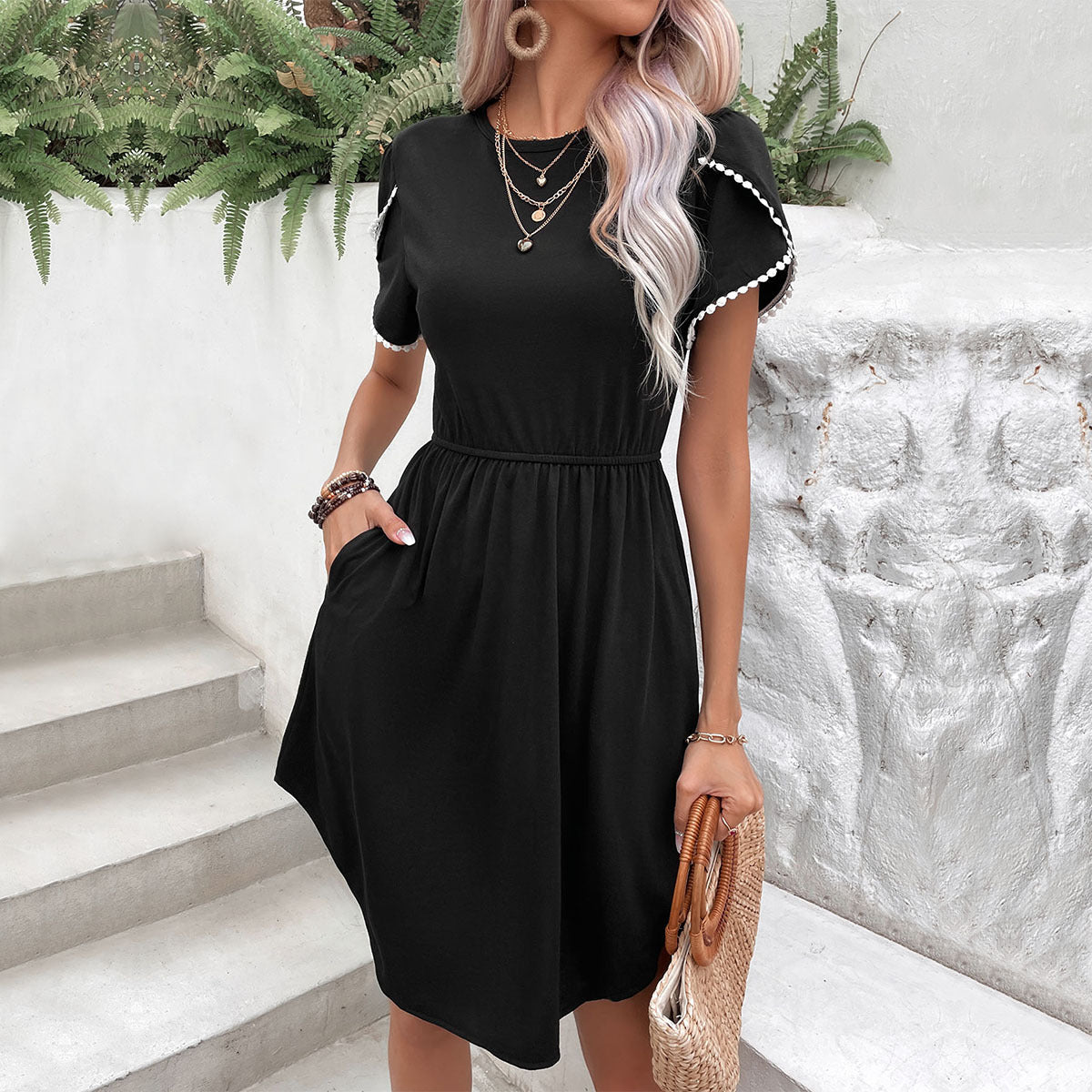 Pom Pom Trim Crew Neck Short Sleeve Belted Asymmetric Hem Mini Dress 2