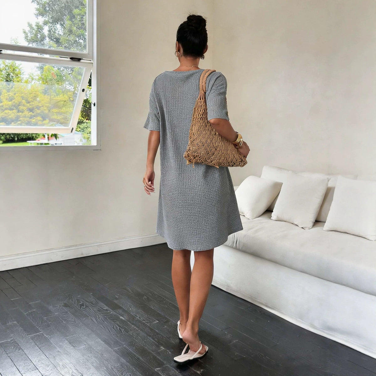 Textured Knit Notch Neck Half Button Short Sleeve Shift Mini Dress 3