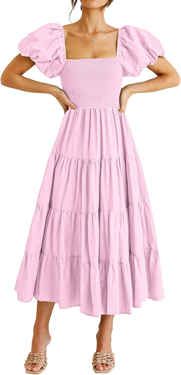 Square Neck Puff Sleeve Smocked Bodice Tiered Midi Dress 7