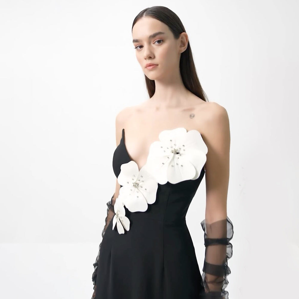 Strapless 3D Floral Applique Column Maxi Gown