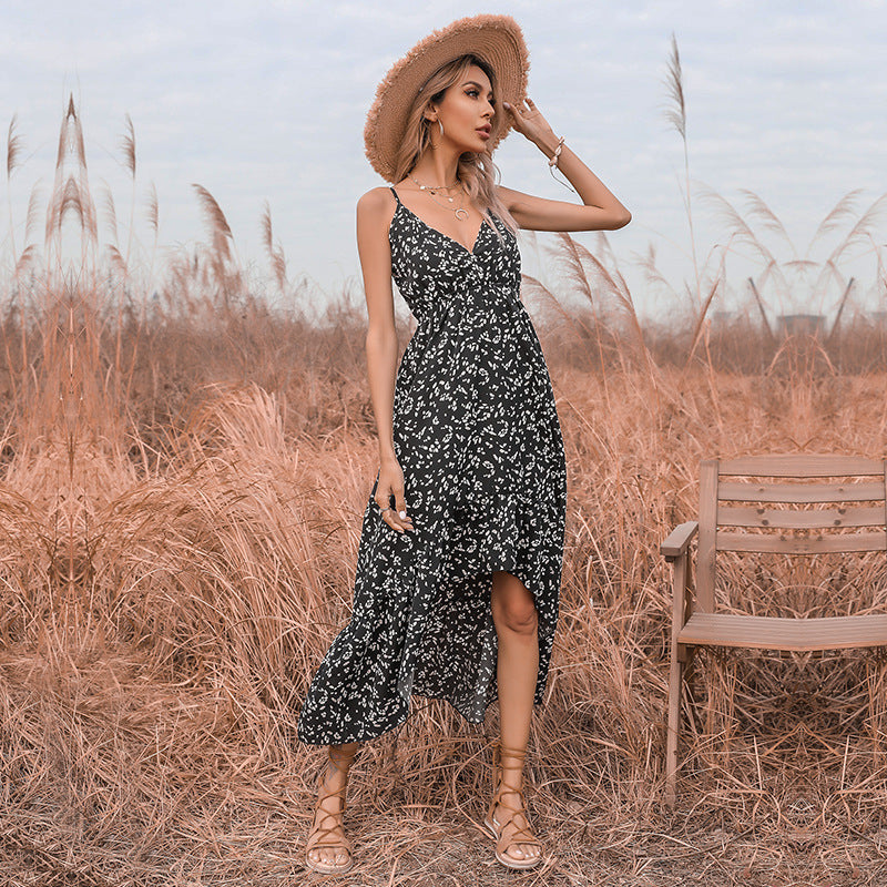 Floral Spaghetti Strap V-Neck Tiered High Split Midi Dress
