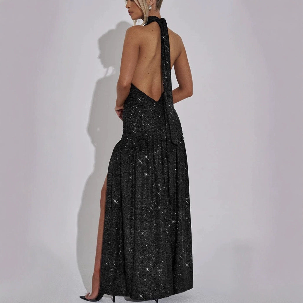 Deep V-Neck Halter Ruched High Split Glitter Maxi Dress