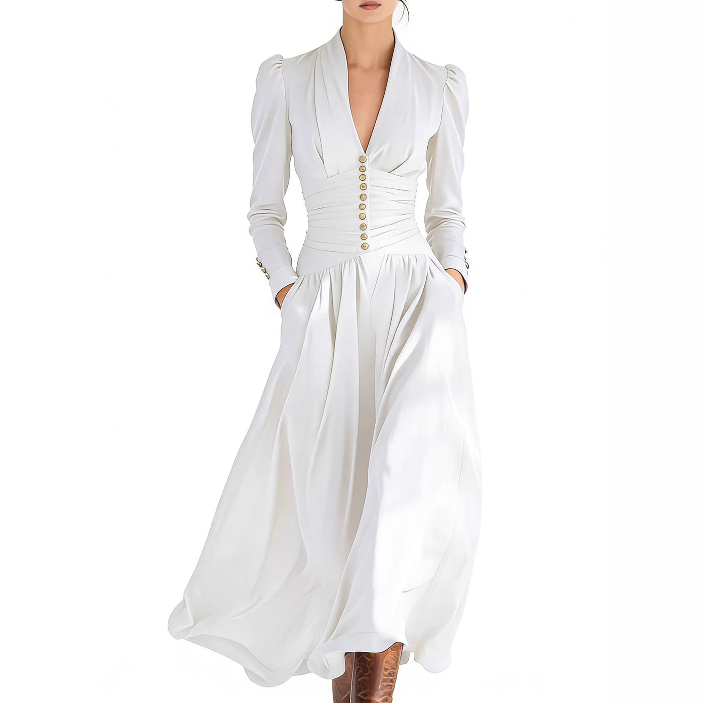 Deep V-Neck Puff Sleeve Ruched Satin Maxi Dress 9