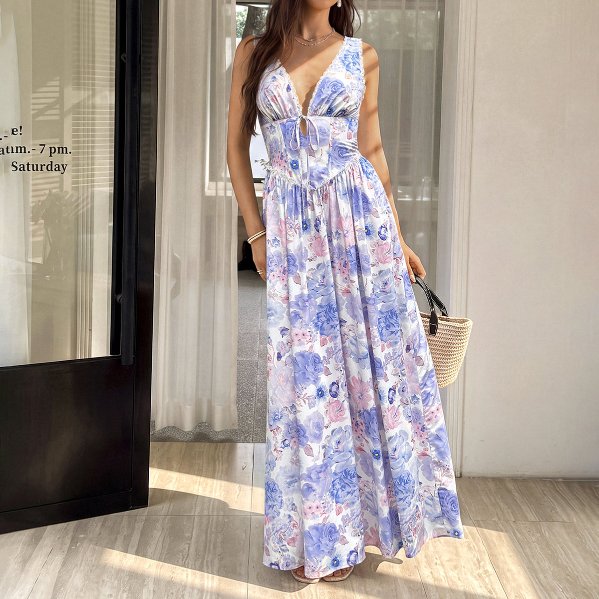 Summer Holiday Printed Boning Corset Slip Dress Sexy Low Collar Cinched Slimming Maxi Dress