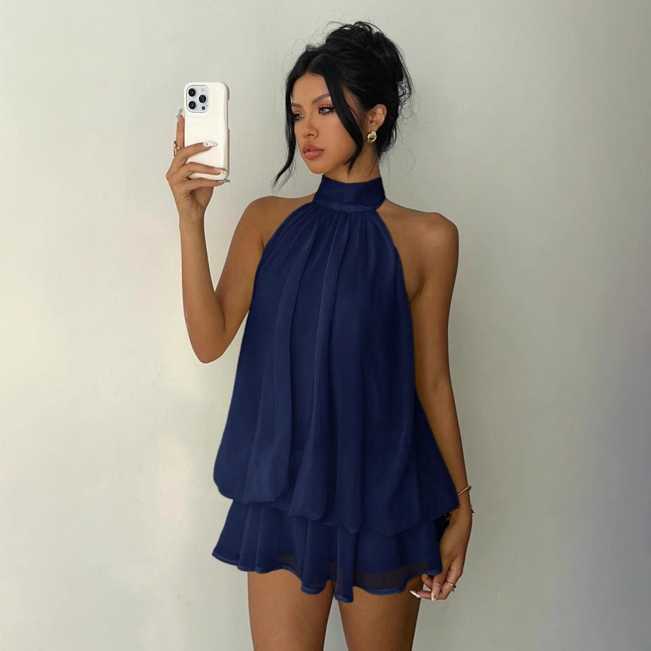 Mock Halter Neck Sleeveless Sheer Layered Ruffle Hem Romper 2