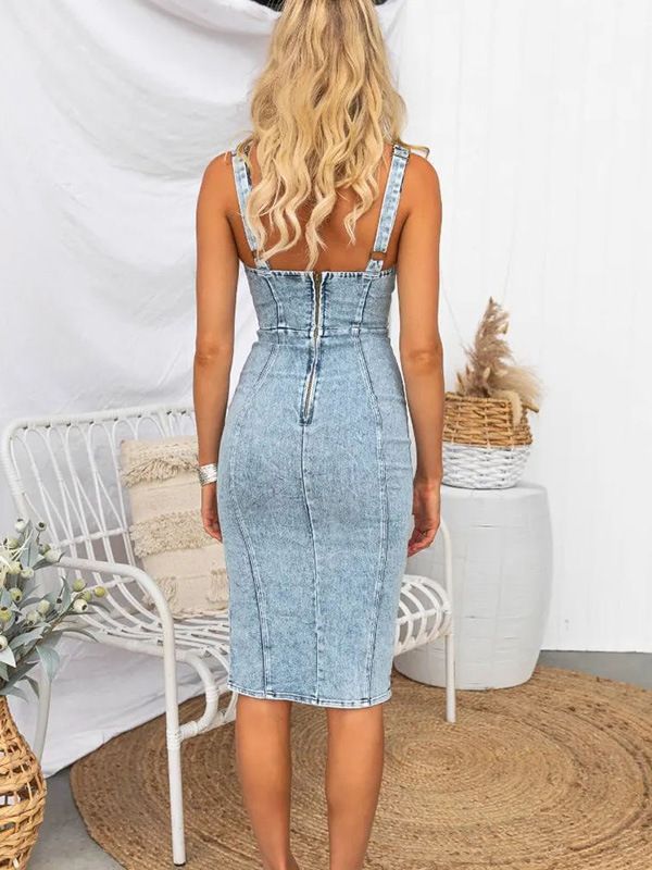 Denim Corset Panel Scoop Neck High Split Bodycon Midi Dress