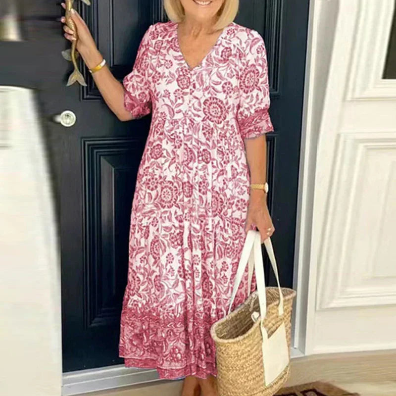 Floral Print V-Neck Button Front Ruffle Cuff Tiered Maxi Summer Dress