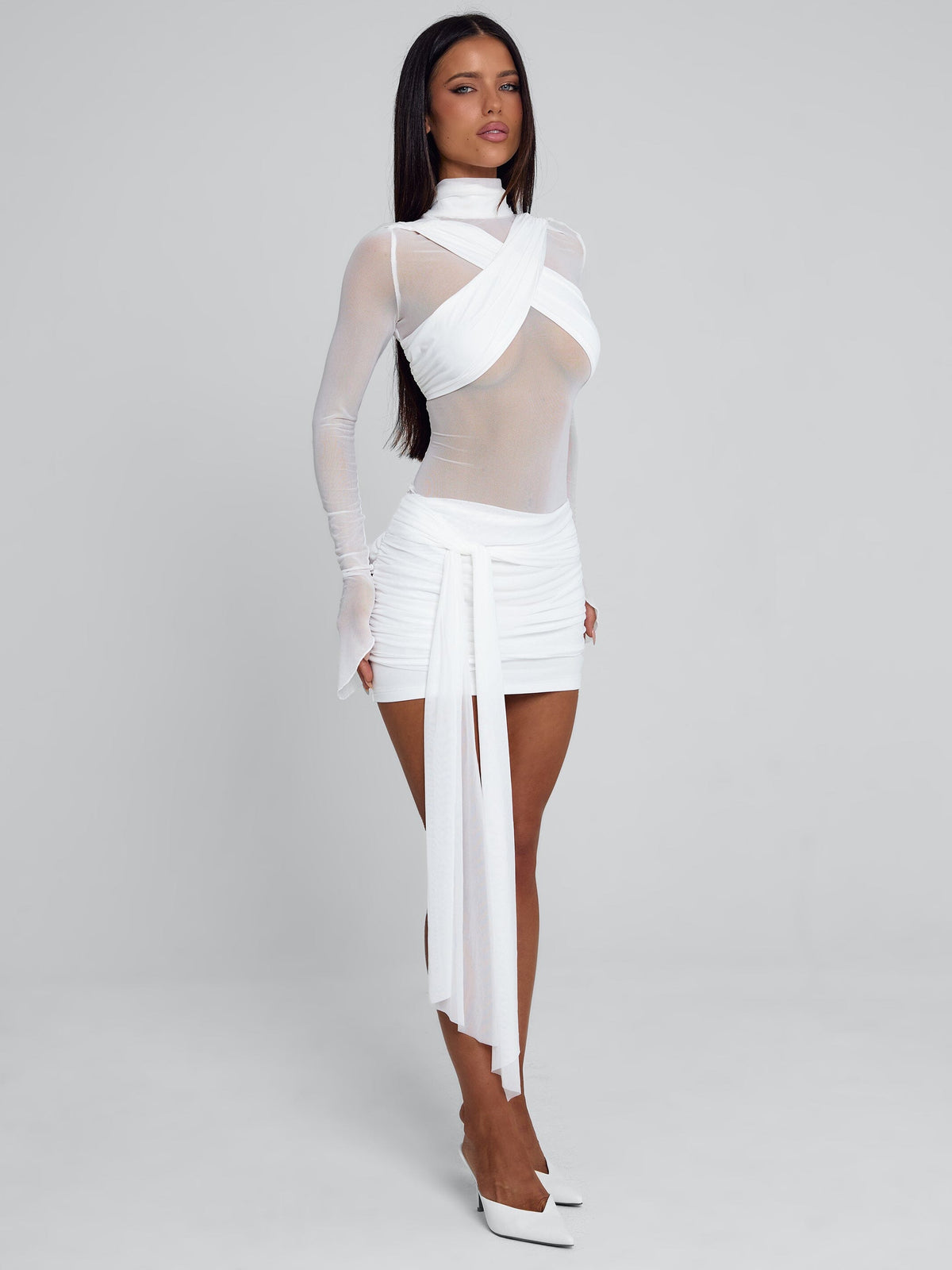 Sheer Mesh Mock Neck Long Sleeve Crisscross Drape Mini Dress 4