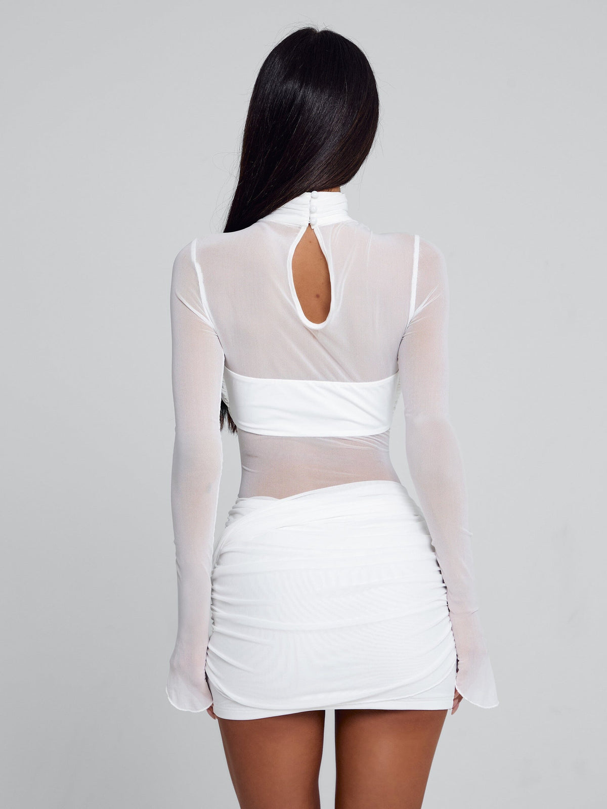 Sheer Mesh Mock Neck Long Sleeve Crisscross Drape Mini Dress 7