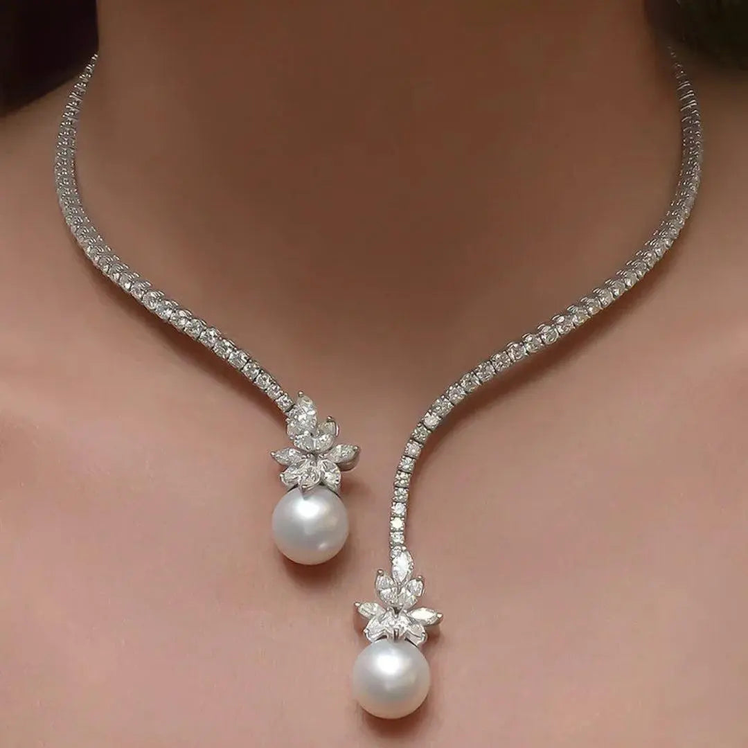 Crystal Open Collar Necklace with Pearl Drops