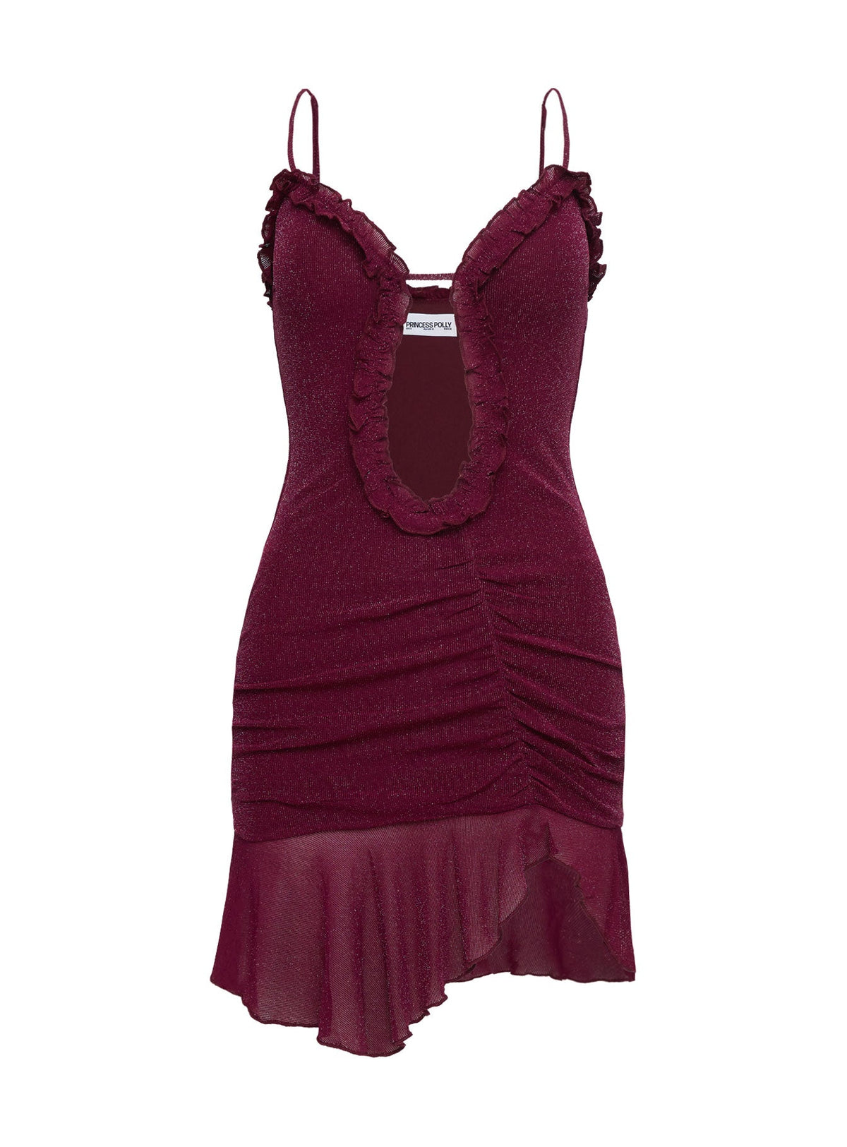 Glitter Knit Cami Strap Ruffle Trim Cut Out Asymmetric Hem Mini Dress 5