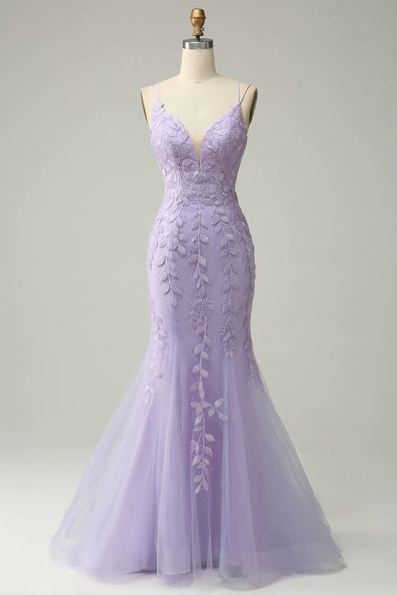 Purple Spaghetti Straps Mermaid Long Prom Dress With Appliques cc1257