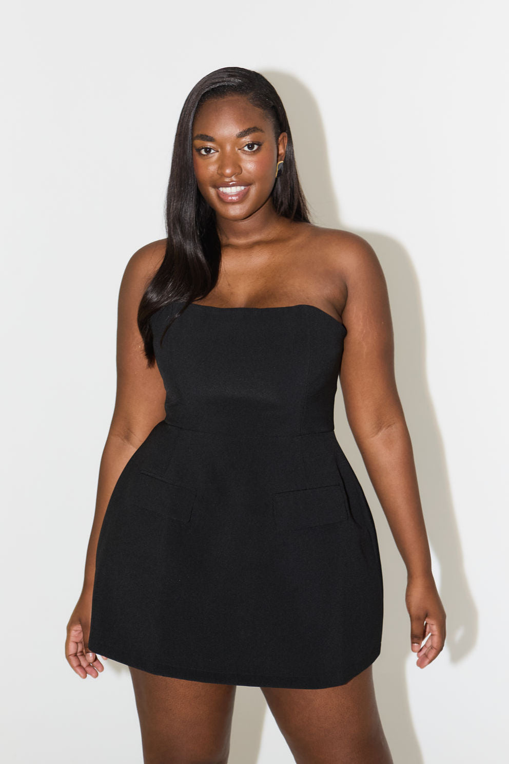 Strapless Flap Pocket Structured Bubble Hem Mini Dress 5