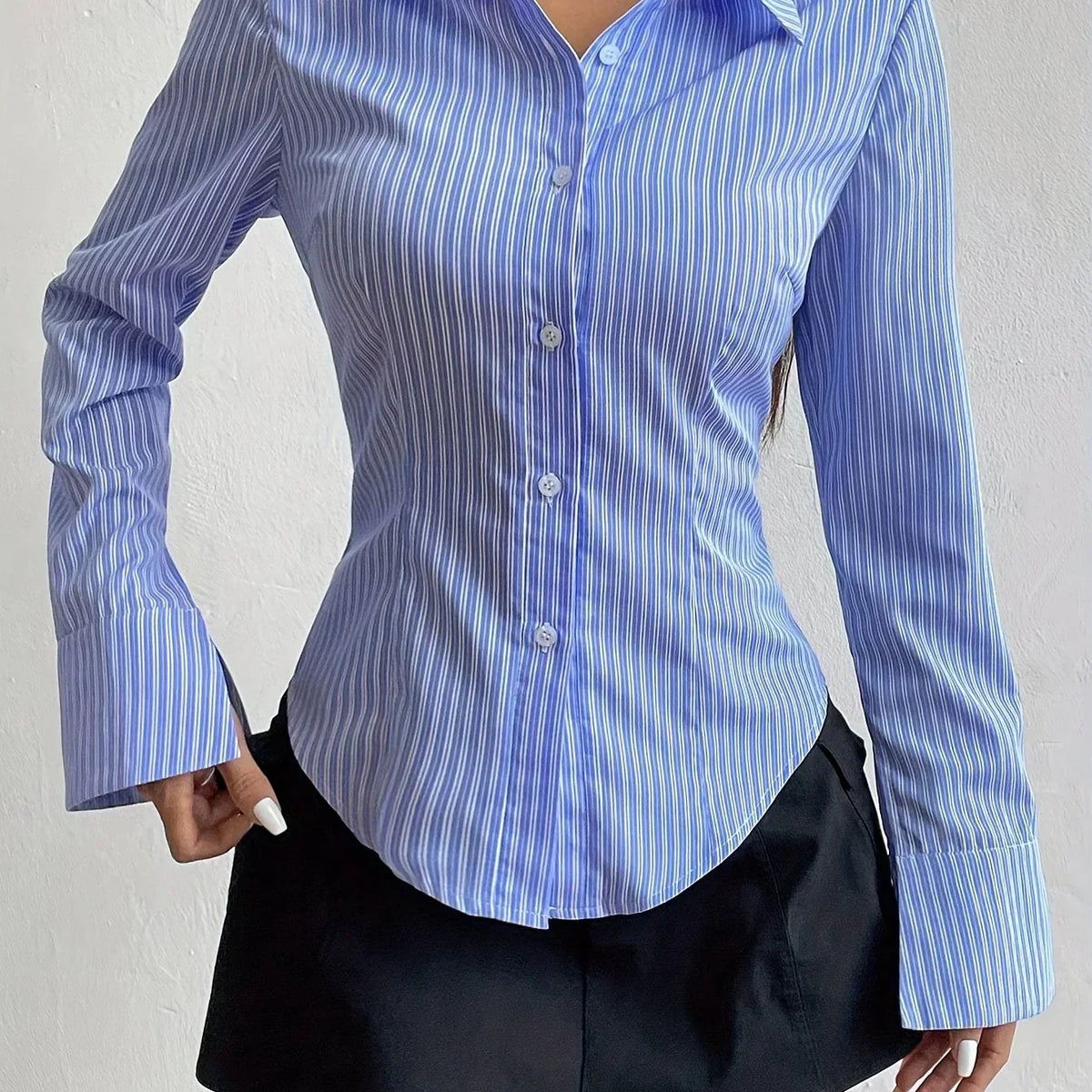 Striped Collared Long Sleeve Fitted Button Shirt