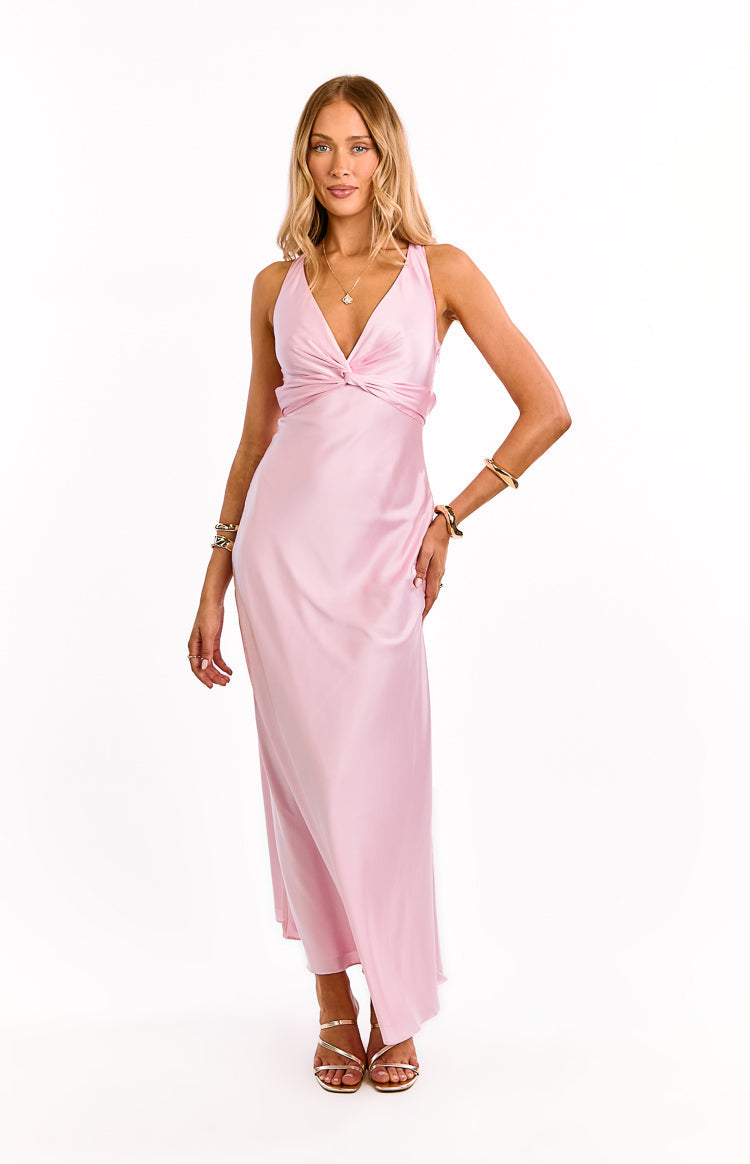 Satin V-Neck Twist Front Racerback Maxi Formal Dress 2