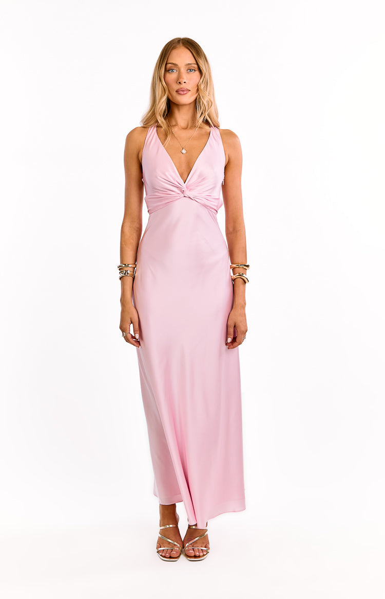Satin V-Neck Twist Front Racerback Maxi Formal Dress