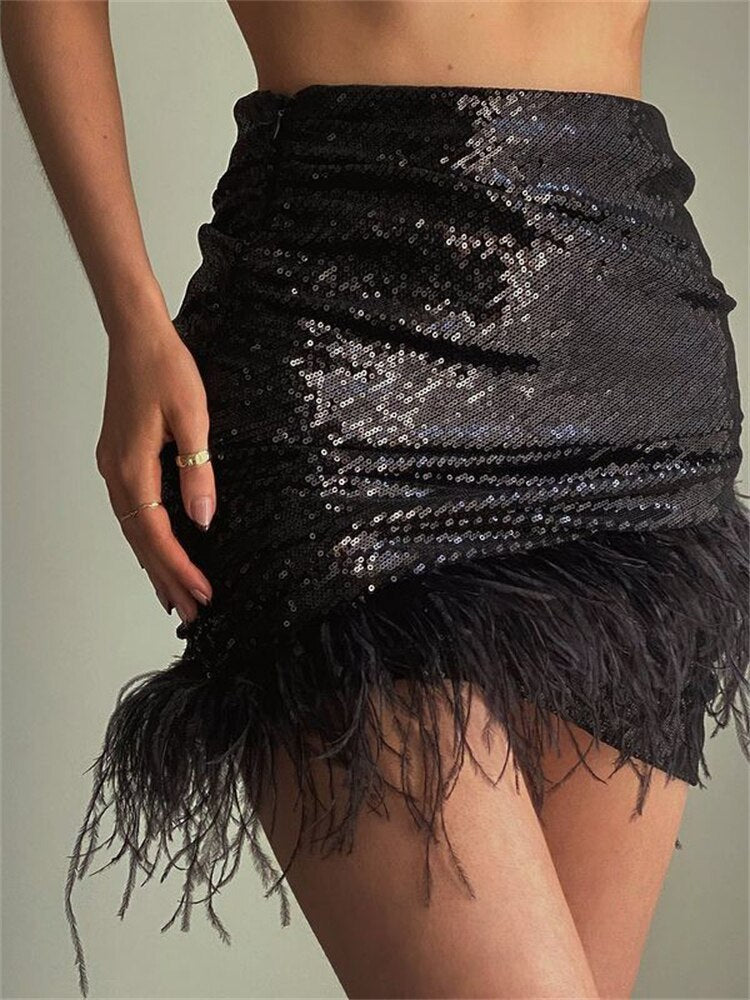 High Waist Ruched Sequin Feather Trim Hem Mini Skirt 2