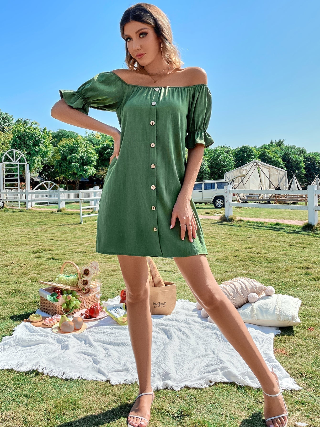 Off Shoulder Button Up Dress