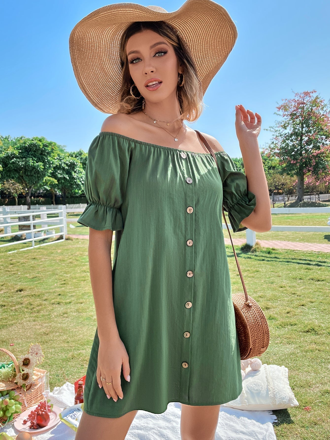 Off Shoulder Button Up Dress