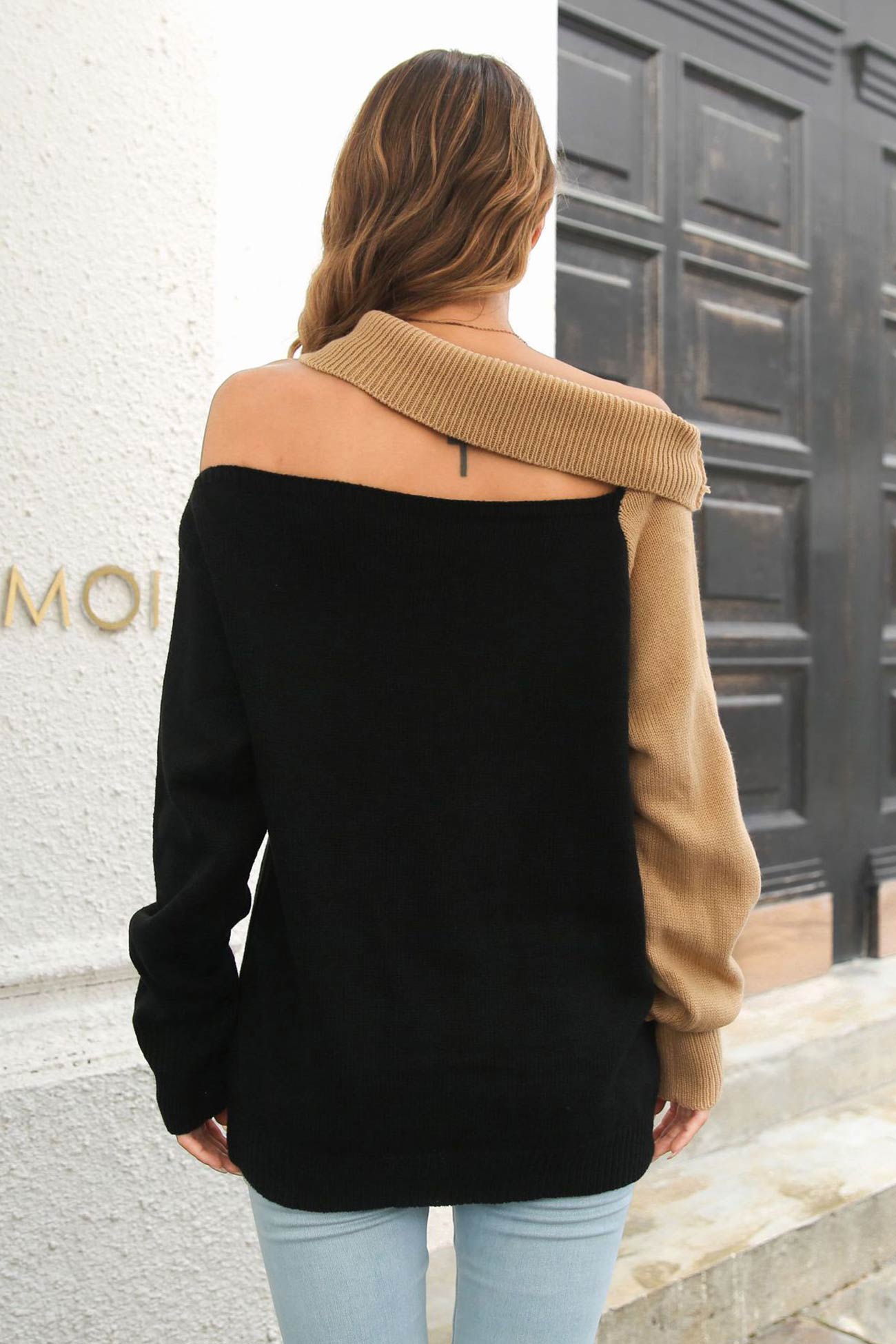 Off Shoulder Sweater With Contrast Colors