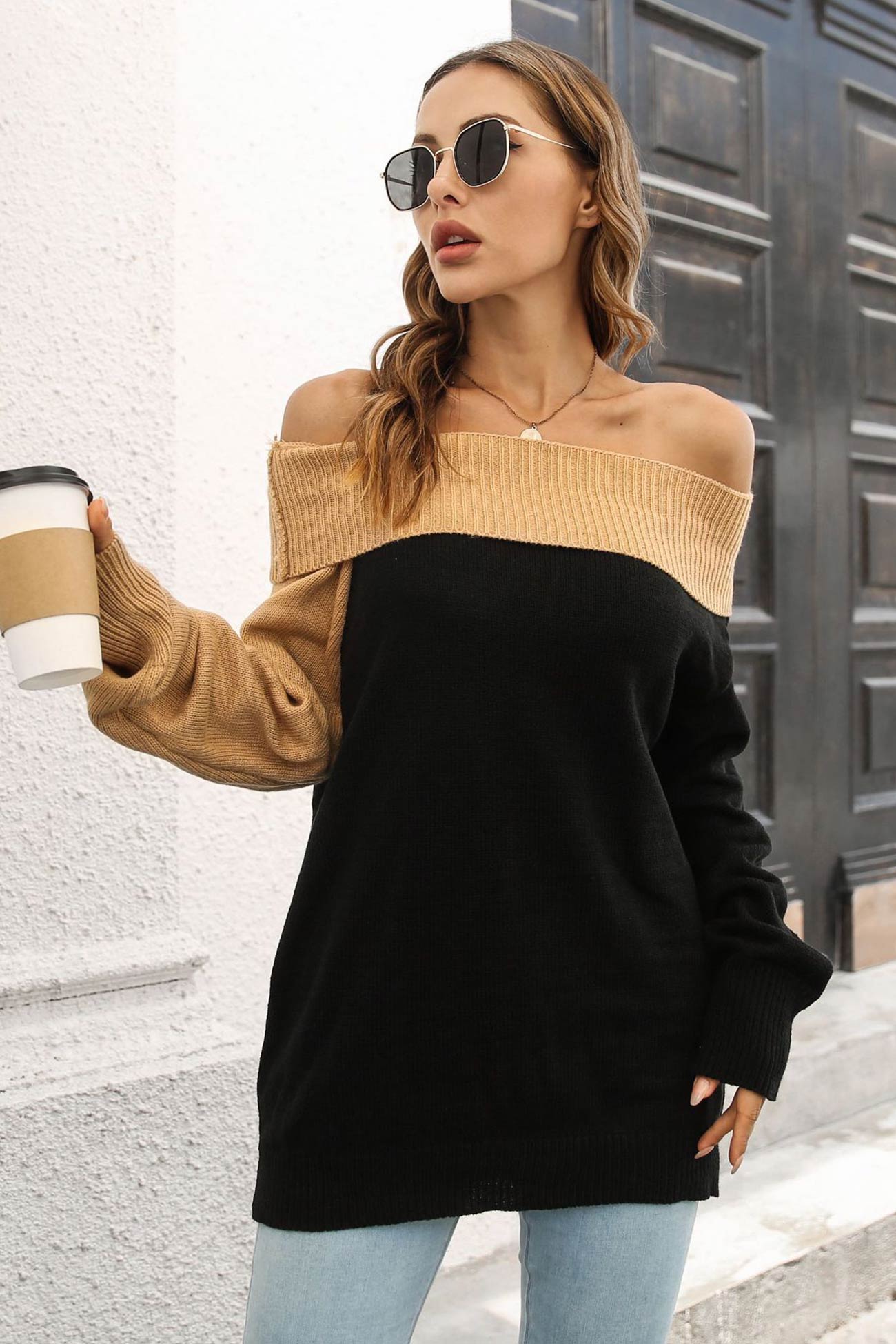 Off Shoulder Sweater With Contrast Colors