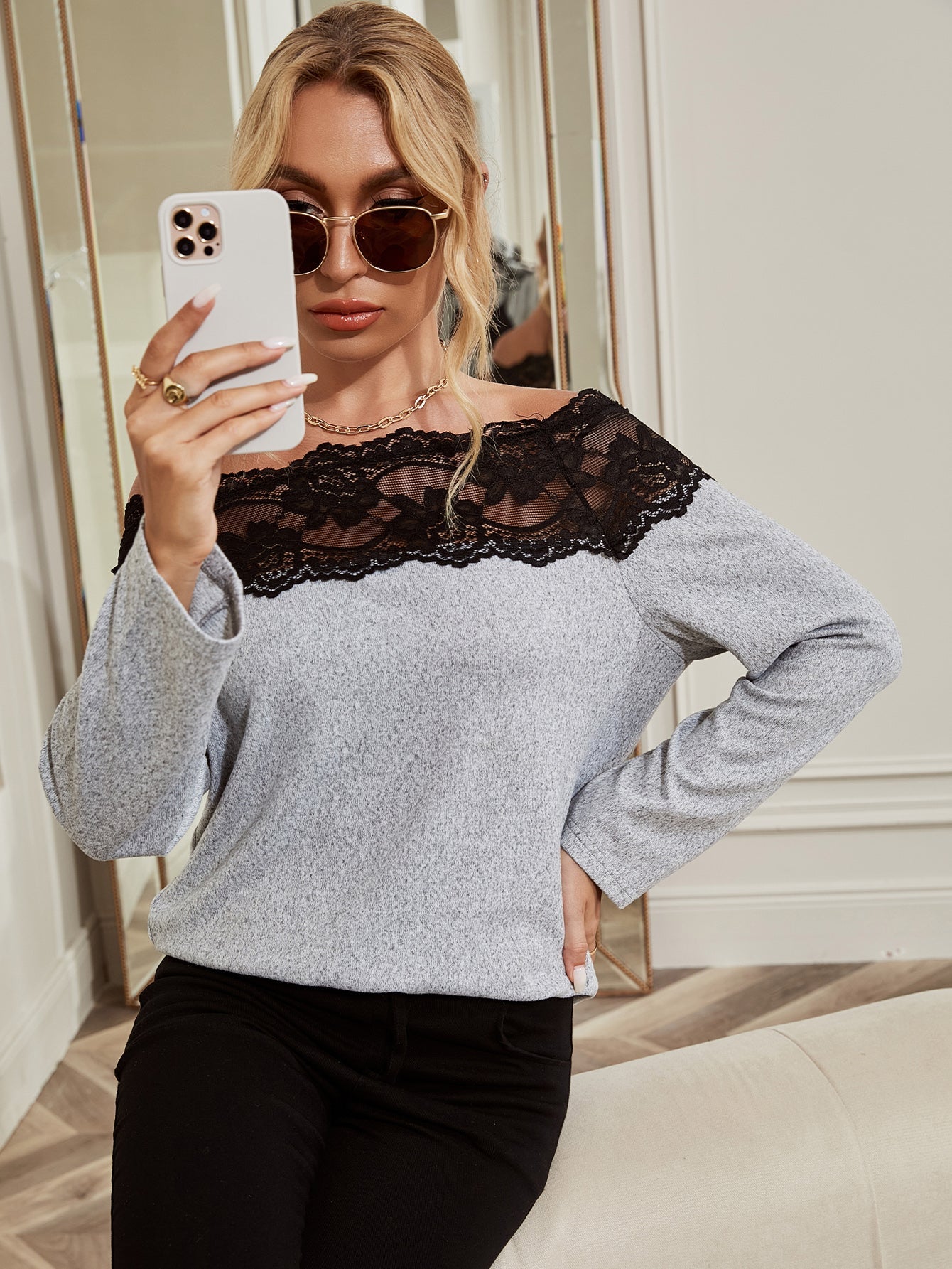 Off Shoulder Contrast Lace Tee
