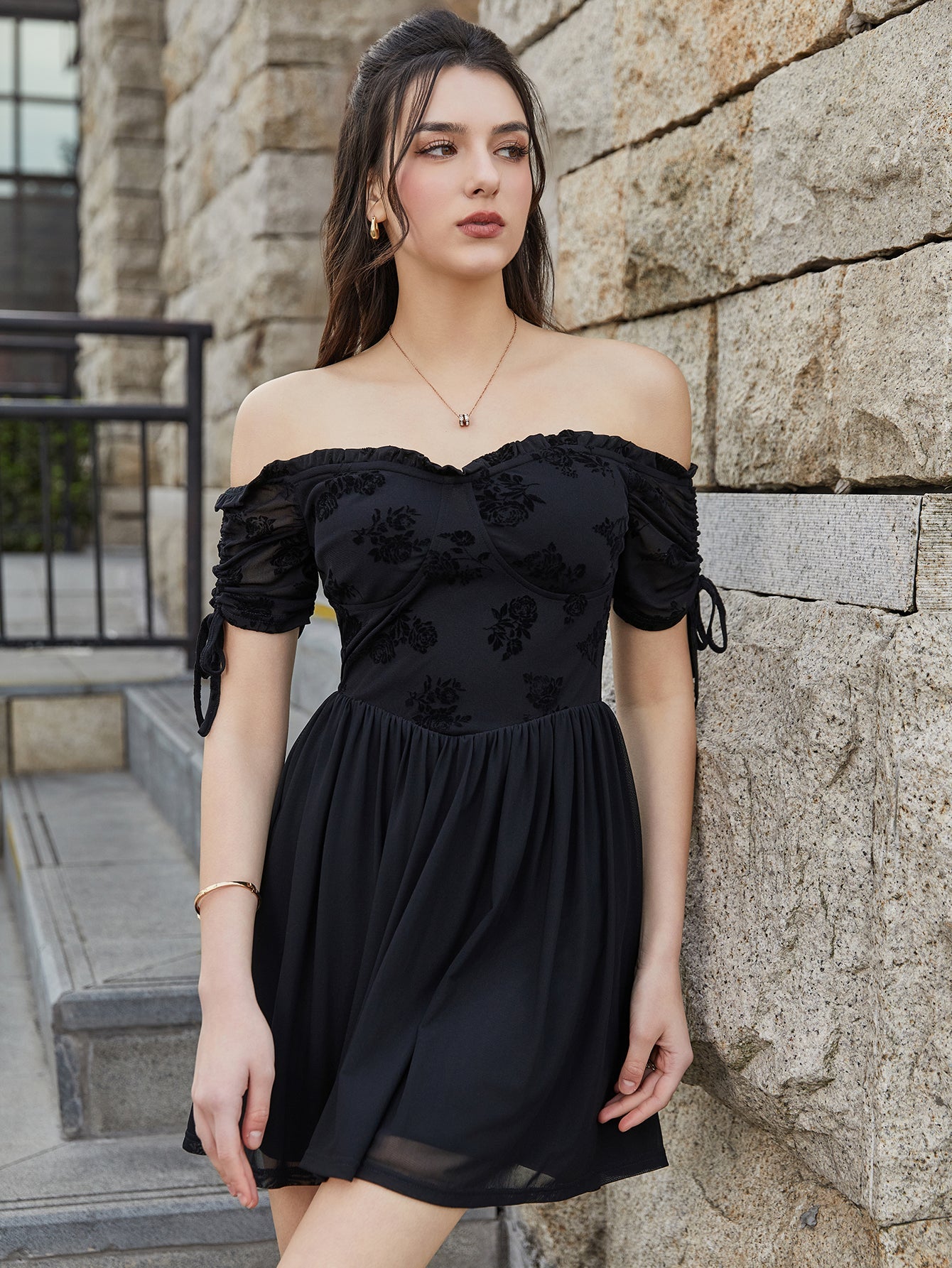 Off Shoulder Drawstring Cuffs Mesh Dress - View 6