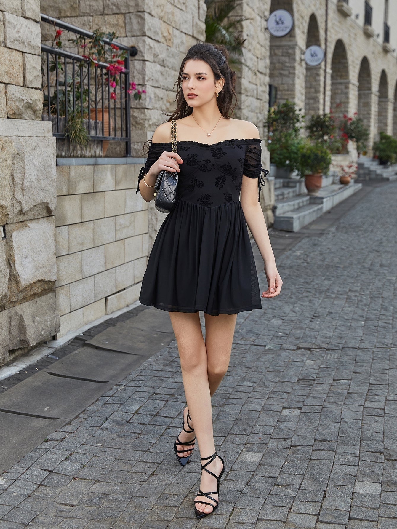 Off Shoulder Drawstring Cuffs Mesh Dress - View 5