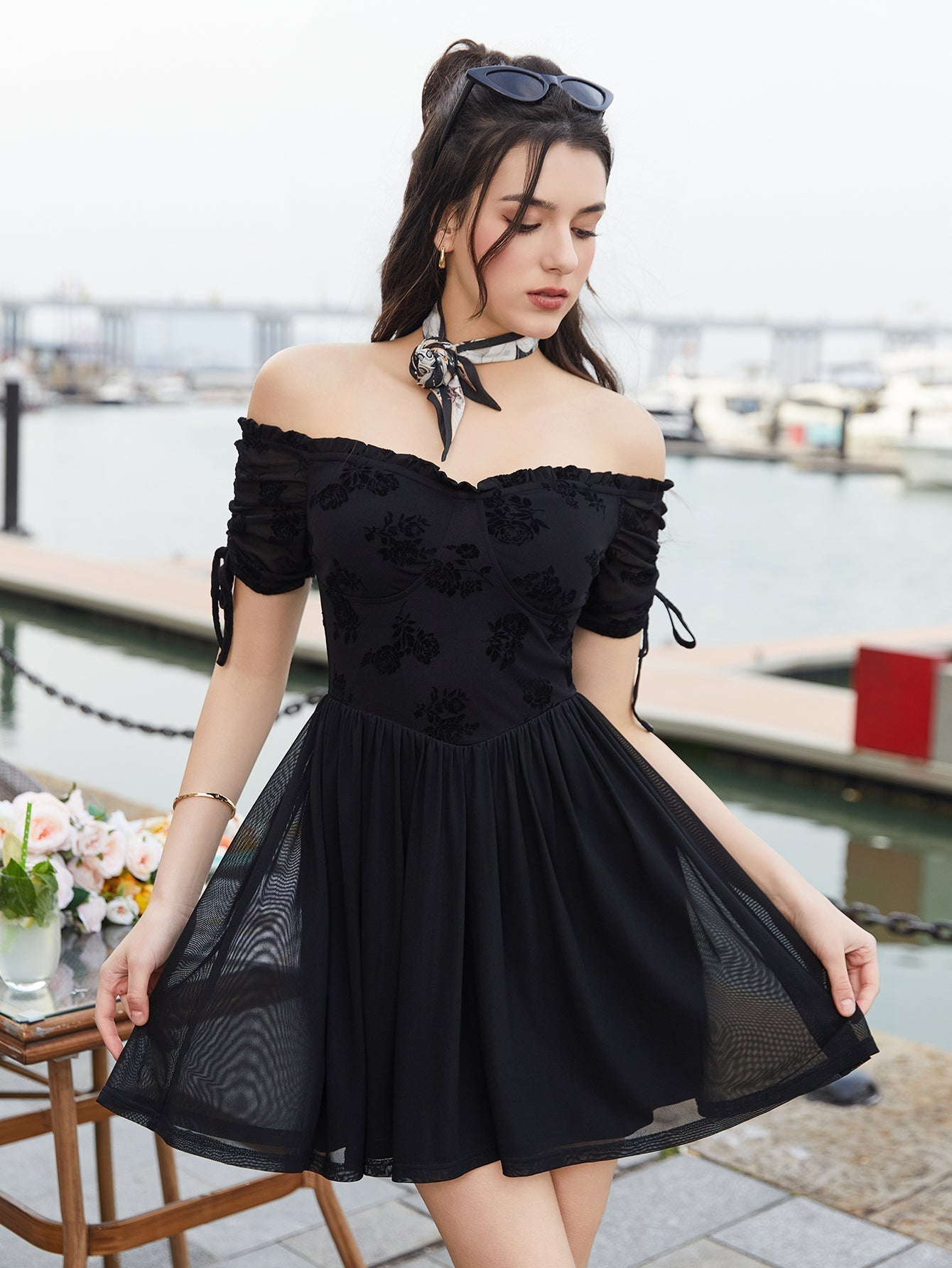 Off Shoulder Drawstring Cuffs Mesh Dress - View 3