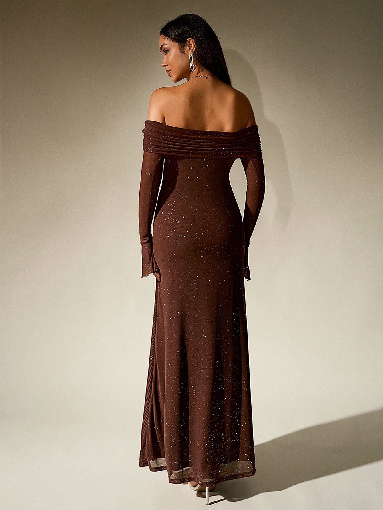 Off Shoulder Flounce Sleeve Mesh Sequin Dress - View 12