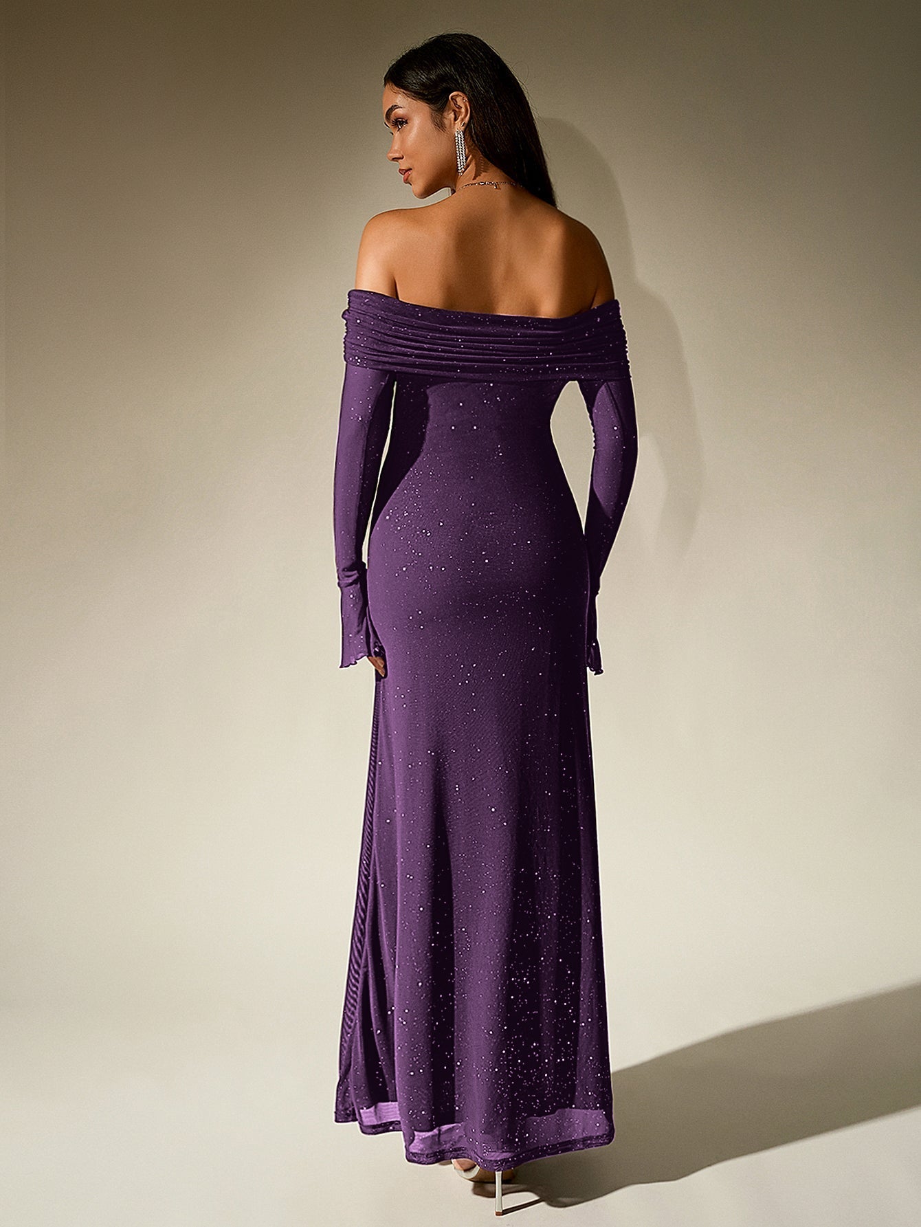 Off Shoulder Flounce Sleeve Mesh Sequin Dress 26