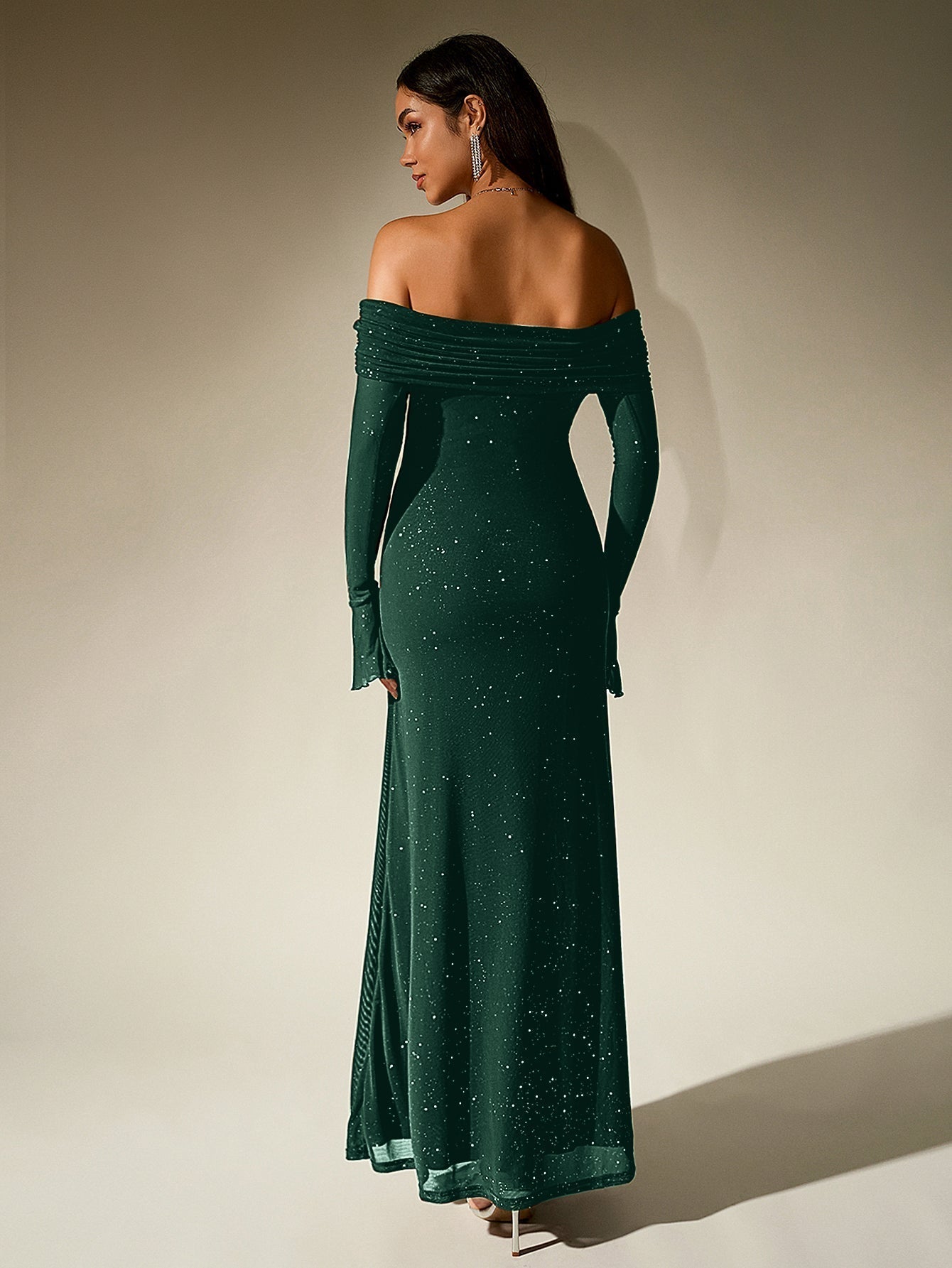 Off Shoulder Flounce Sleeve Mesh Sequin Dress - View 19