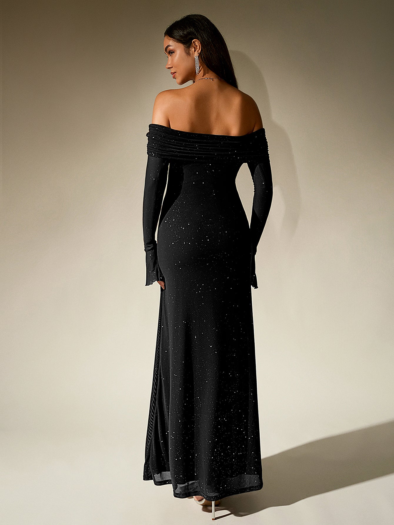 Off Shoulder Flounce Sleeve Mesh Sequin Dress 41