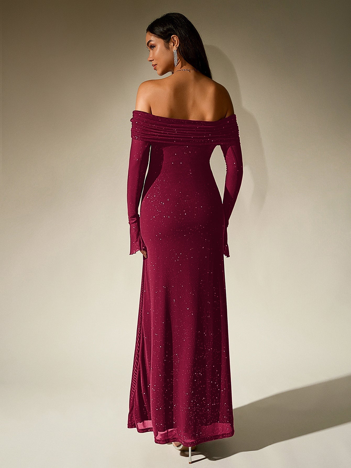Off Shoulder Flounce Sleeve Mesh Sequin Dress - View 6