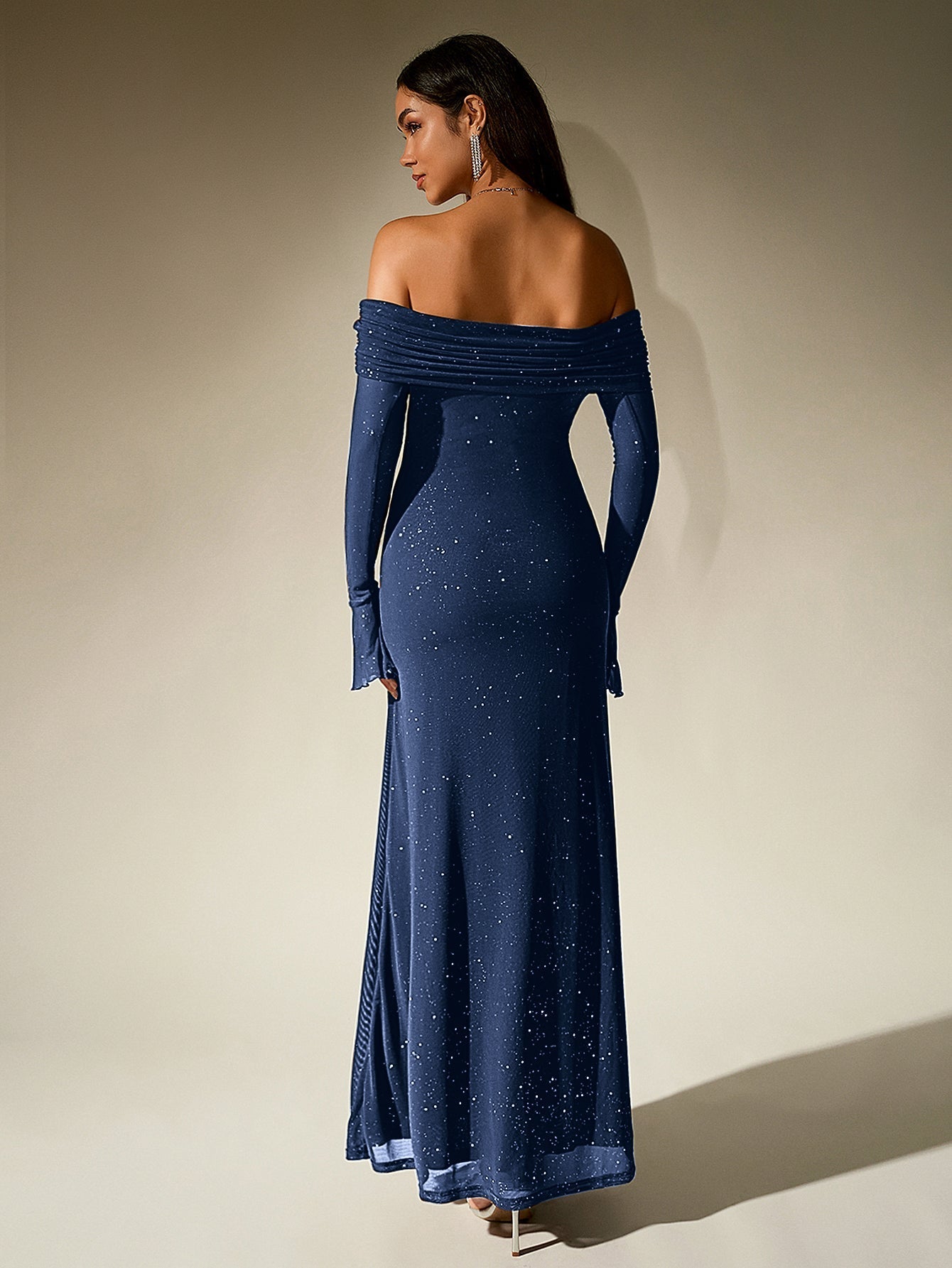 Off Shoulder Flounce Sleeve Mesh Sequin Dress - View 13