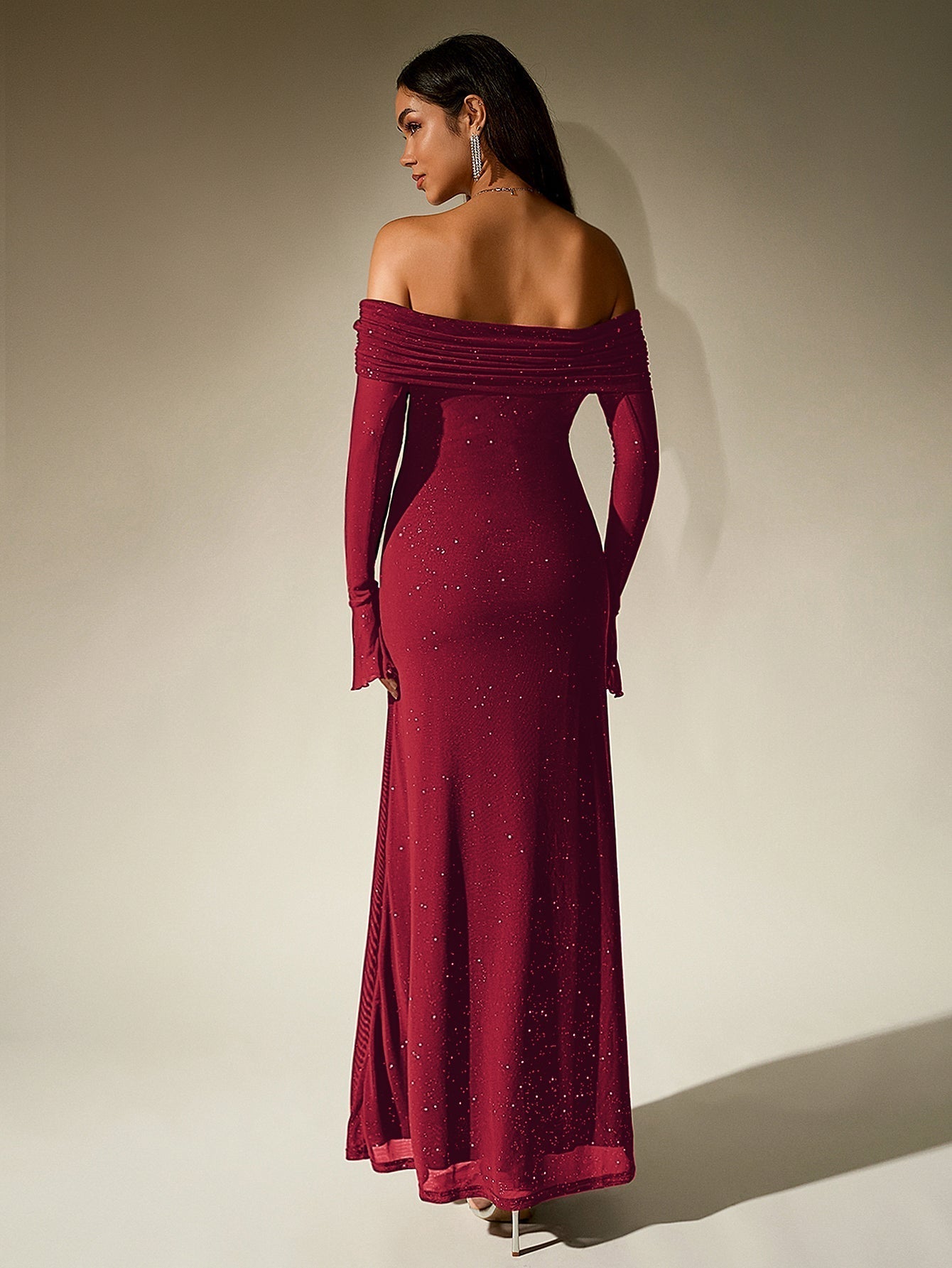 Off Shoulder Flounce Sleeve Mesh Sequin Dress 32