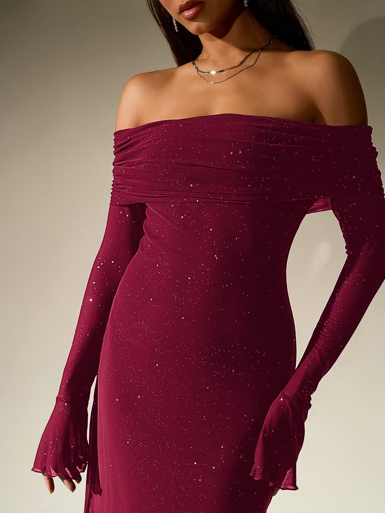 Off Shoulder Flounce Sleeve Mesh Sequin Dress - View 10