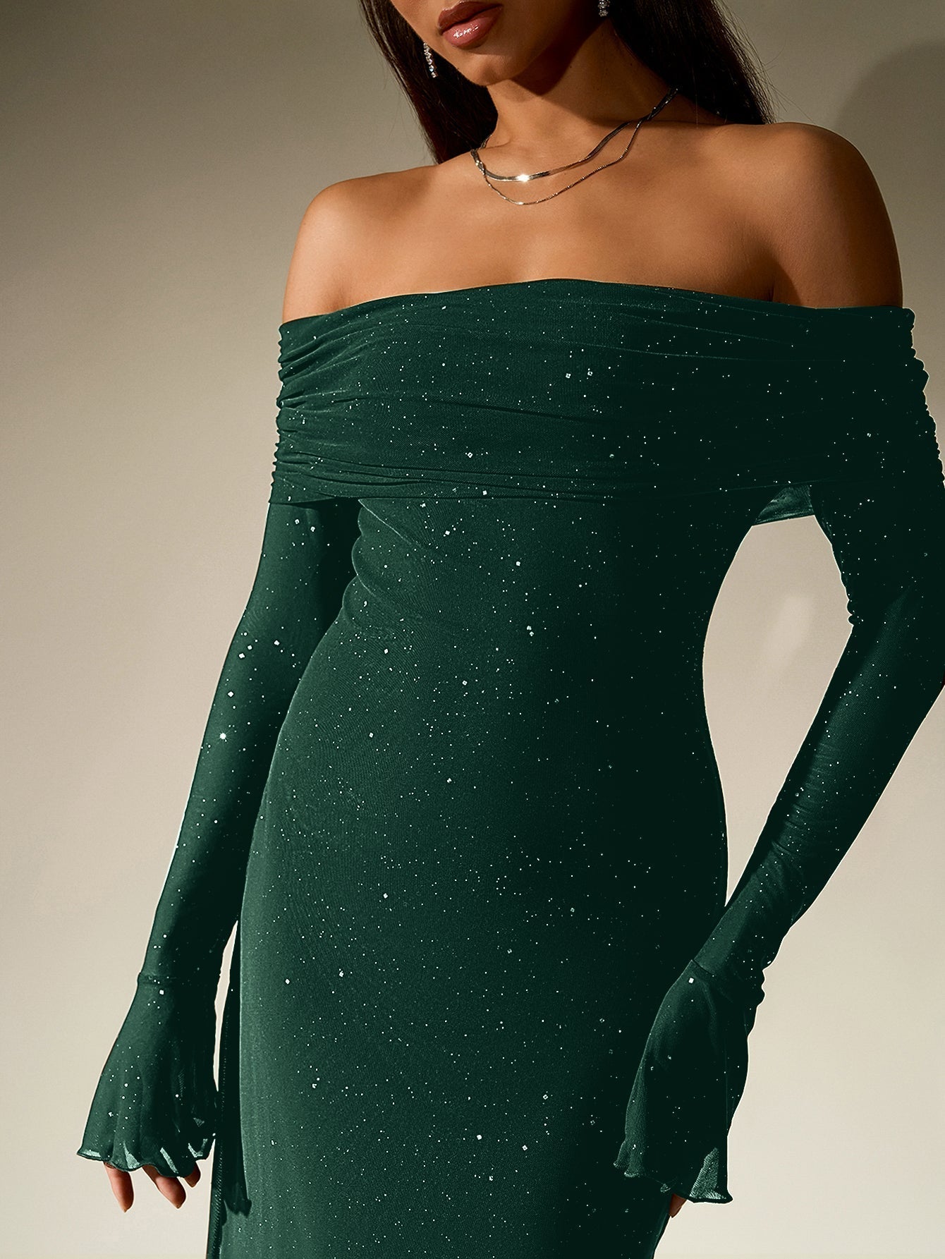 Off Shoulder Flounce Sleeve Mesh Sequin Dress - View 24