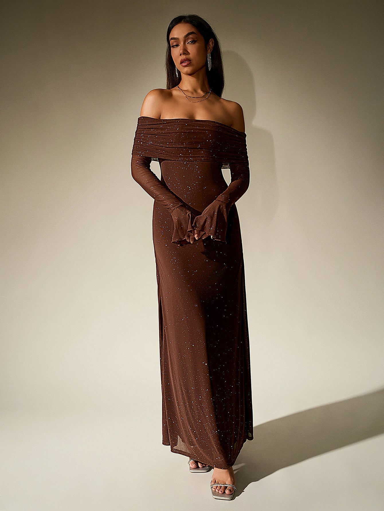 Off Shoulder Flounce Sleeve Mesh Sequin Dress 38