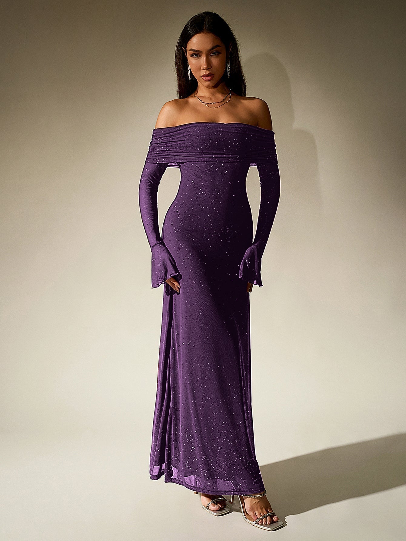 Off Shoulder Flounce Sleeve Mesh Sequin Dress 29