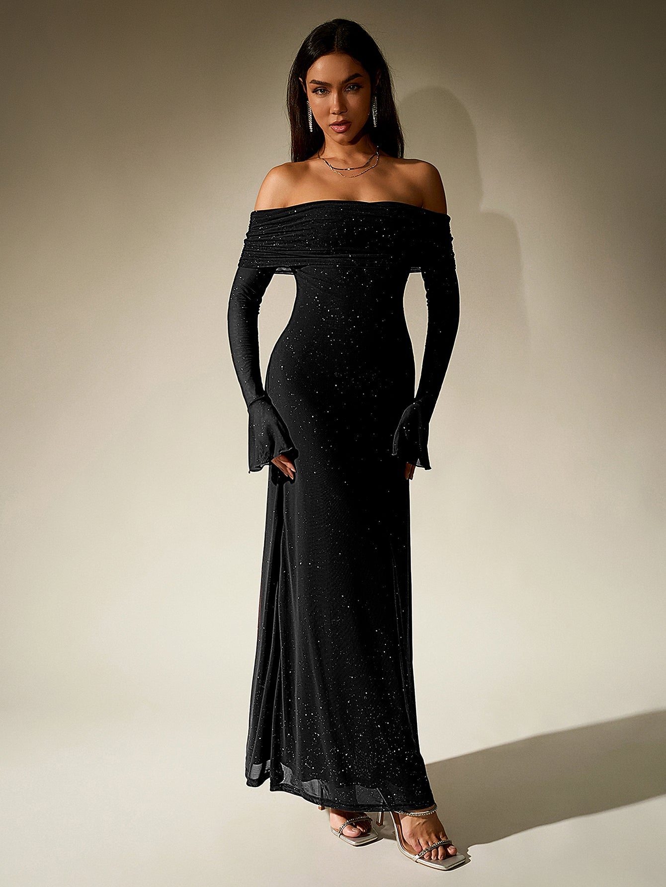 Off Shoulder Flounce Sleeve Mesh Sequin Dress - View 3