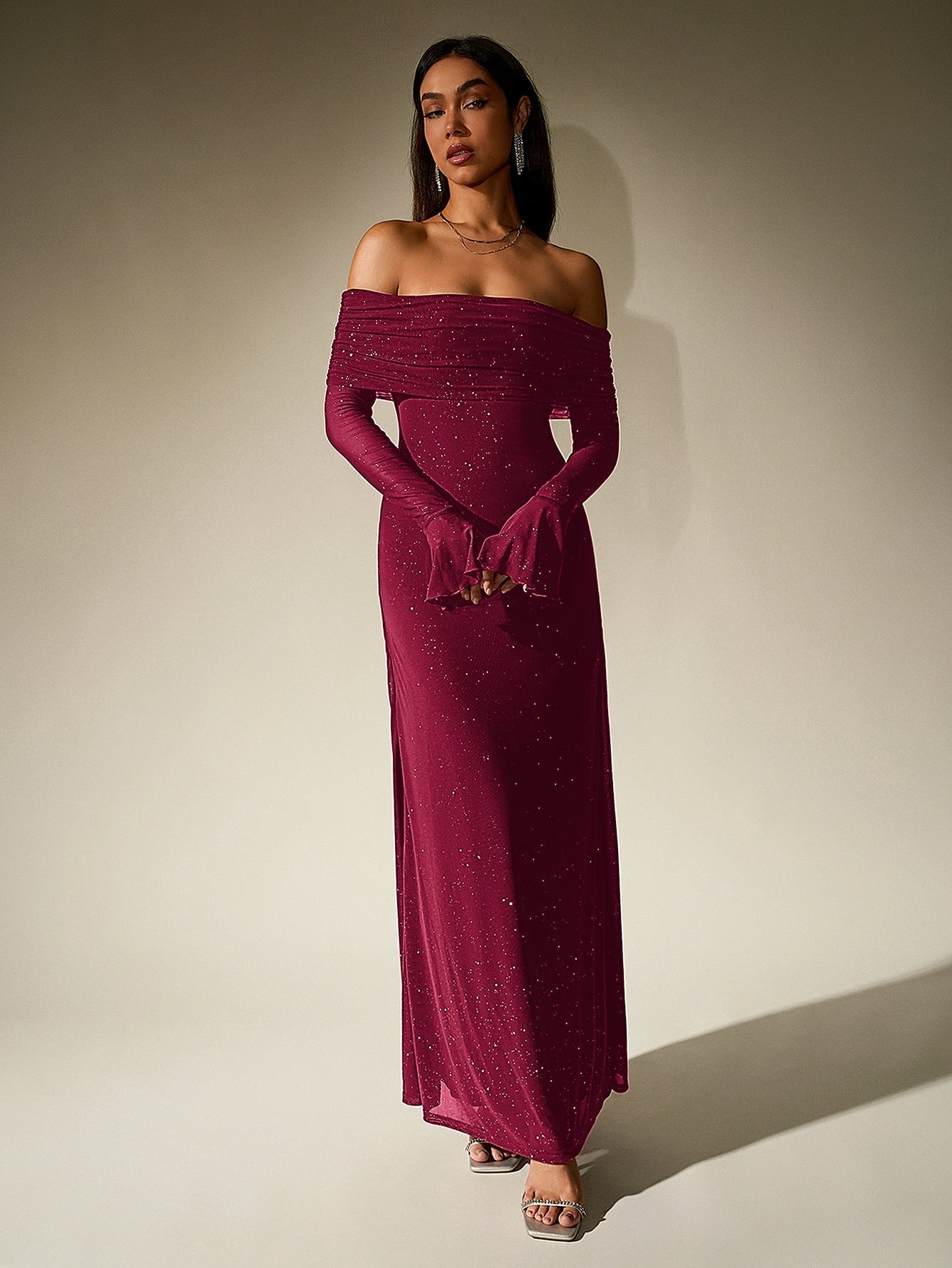 Off Shoulder Flounce Sleeve Mesh Sequin Dress - View 9
