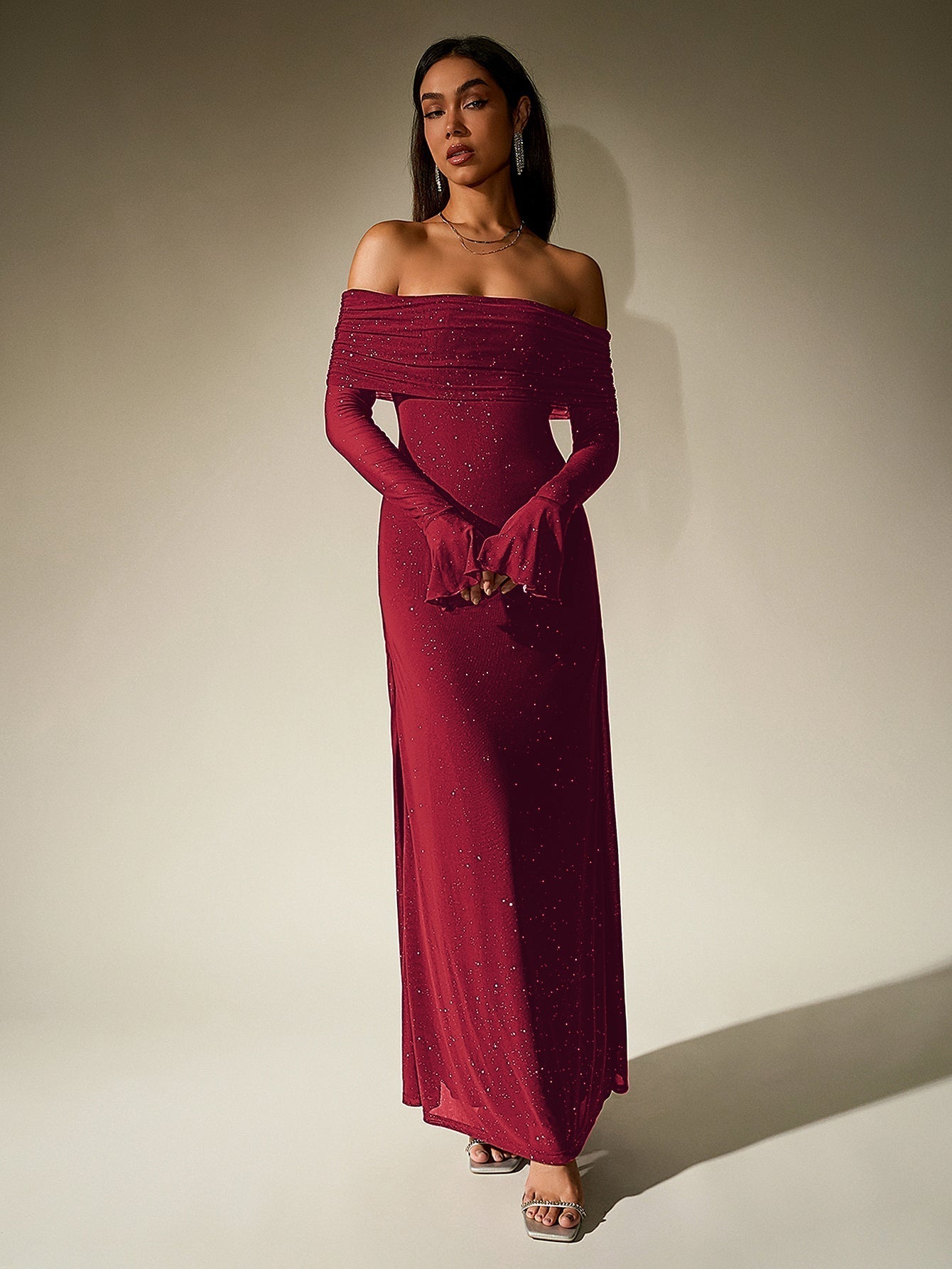 Off Shoulder Flounce Sleeve Mesh Sequin Dress 36