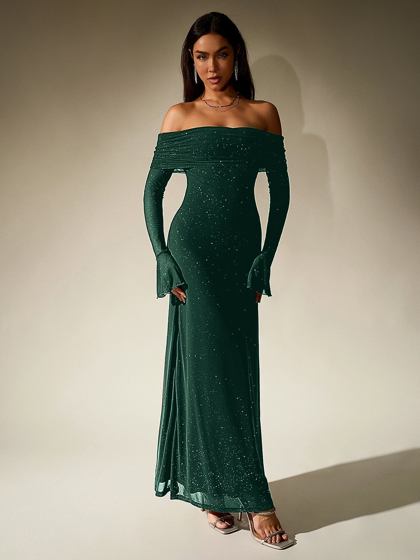 Off Shoulder Flounce Sleeve Mesh Sequin Dress - View 22
