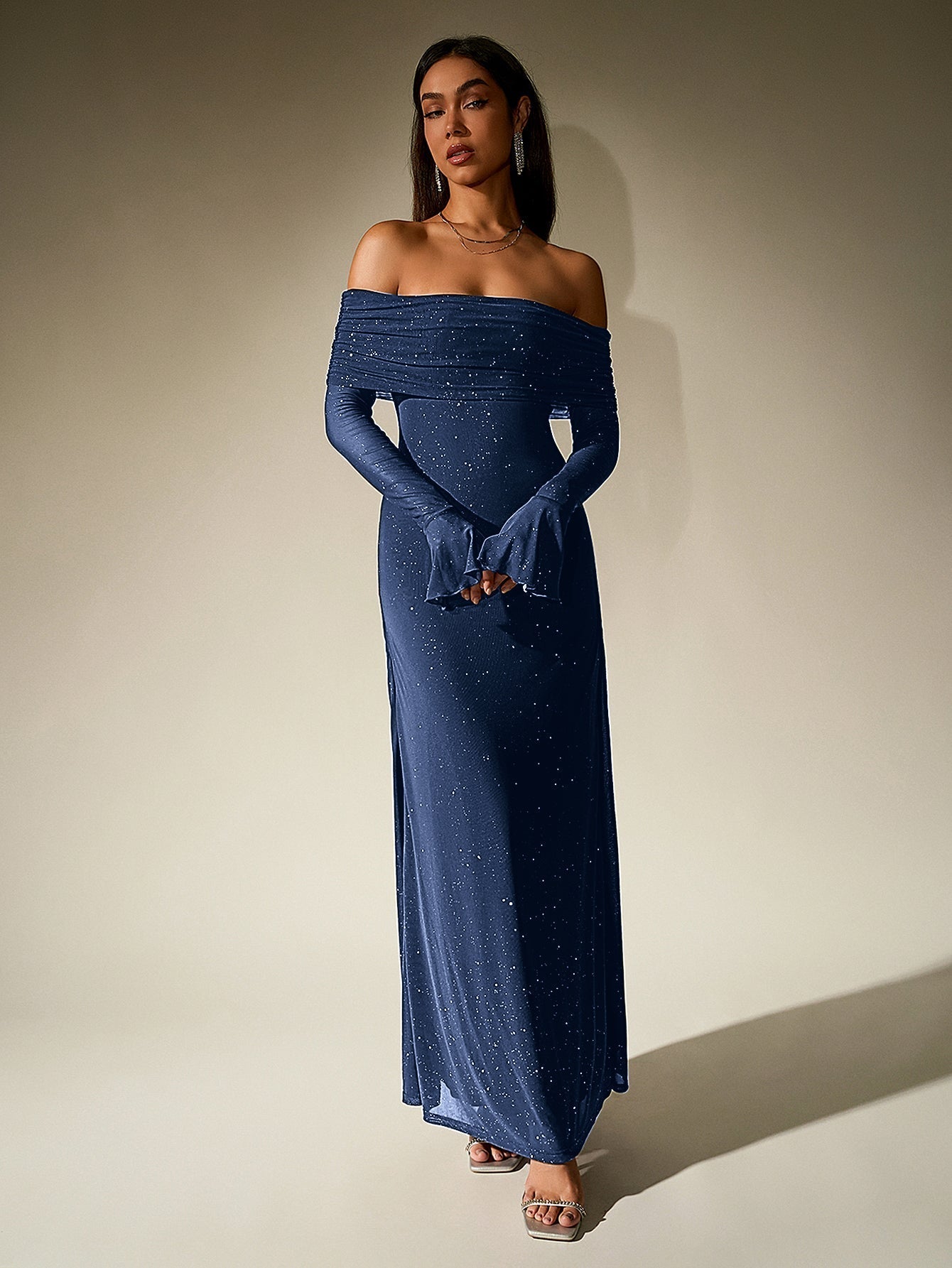 Off Shoulder Flounce Sleeve Mesh Sequin Dress - View 16