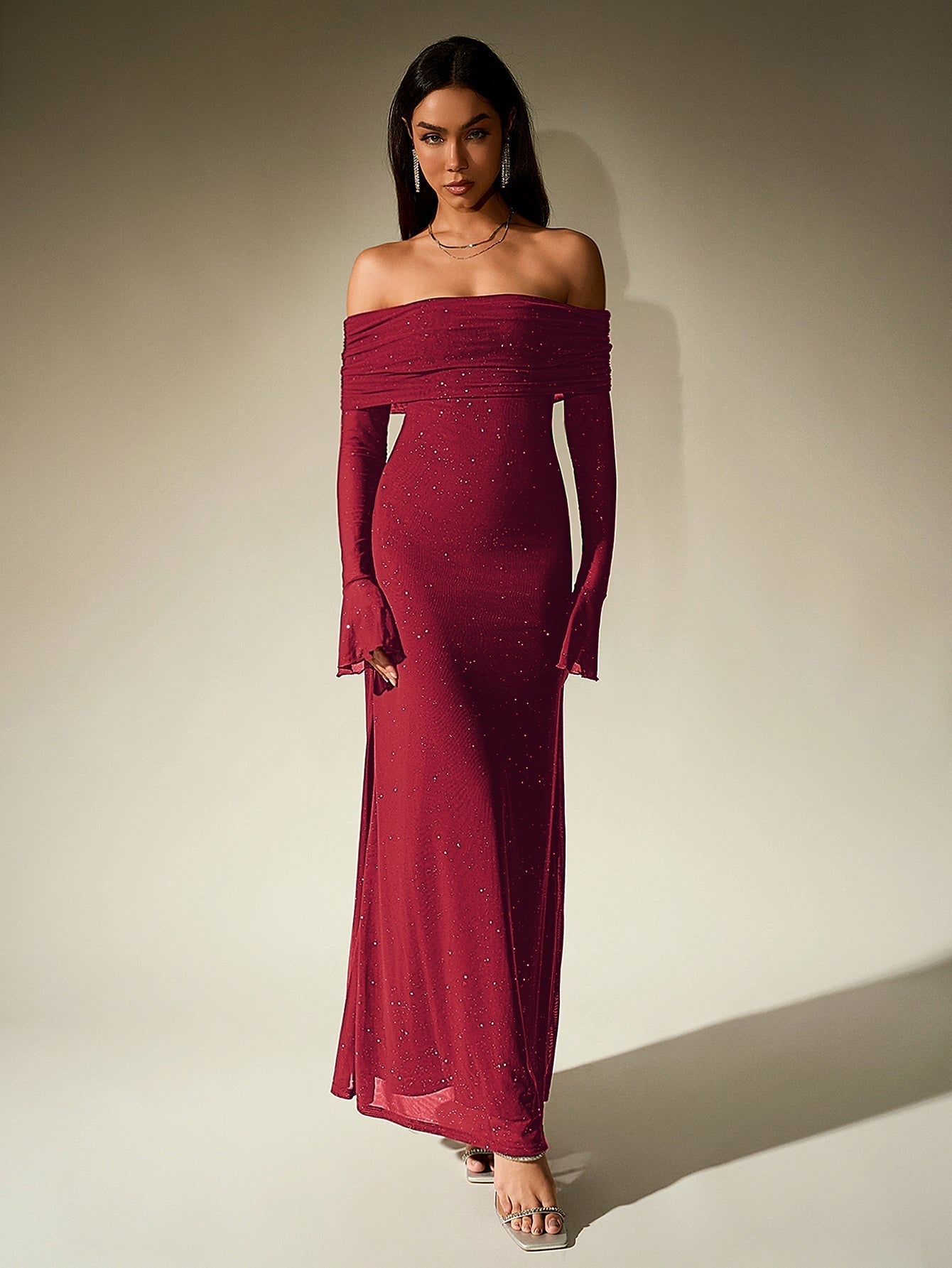 Off Shoulder Flounce Sleeve Mesh Sequin Dress 31